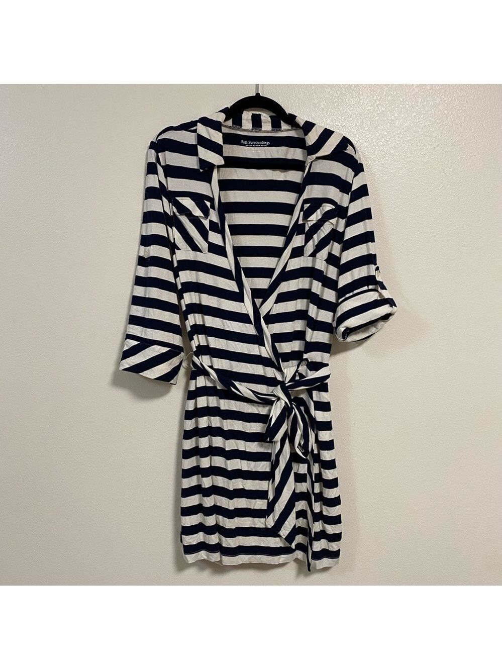 Soft Surroundings Dress Women’s Size XL Navy White Stripes Jersey Wrap Dress